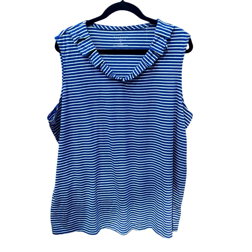 Talbots Woman Blue White Striped Ruffle Neck Sleeveless Top 3X NEW